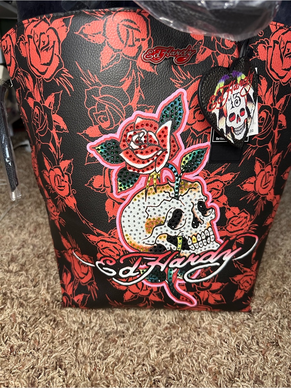 Ed Hardy Black and Red Skull & Rose Tote